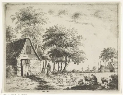 Landschap met schuur en boeren
