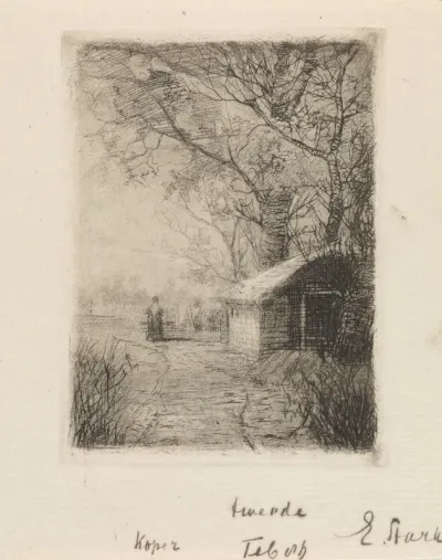 Landschap met schuur onder bomen en een weg