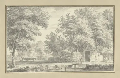 Landschap met schuur tussen bomen