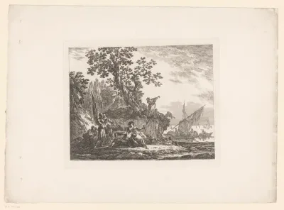 Landschap met sloepen en zeelieden aan land