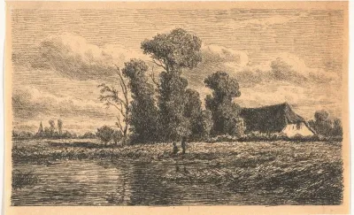 Landschap met sloot en boerderij