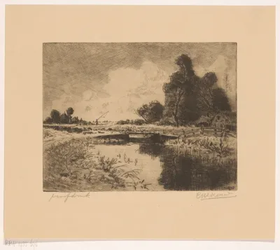 Landschap met sloot en boerderijen