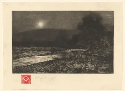 Landschap met smalle, meanderende rivier bij maanlicht