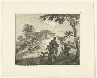 Landschap met soldaat in gesprek met man en vrouw en spelende jongen met hond
