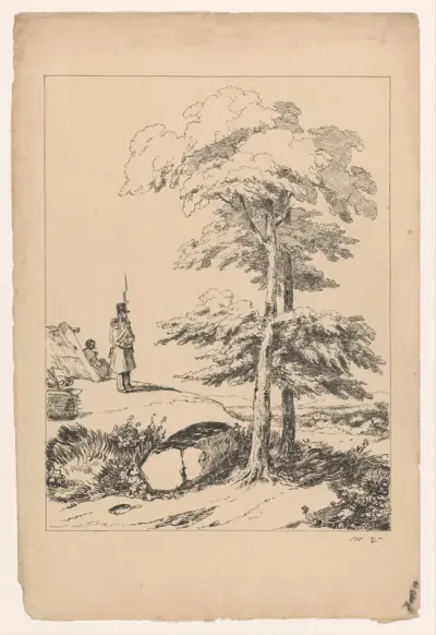 Landschap met soldaat op wacht voor een tent