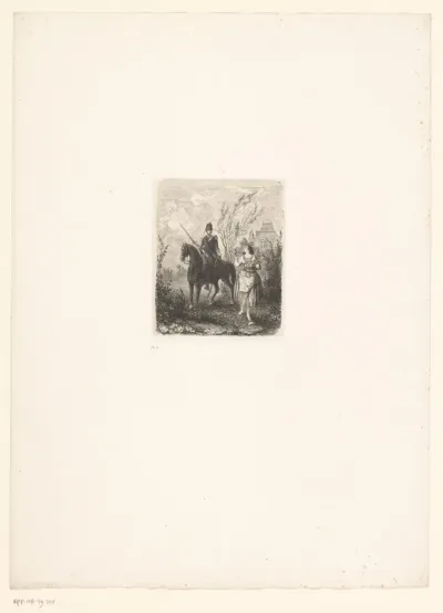 Landschap met soldaat te paard bij een vrouw met fruitmand