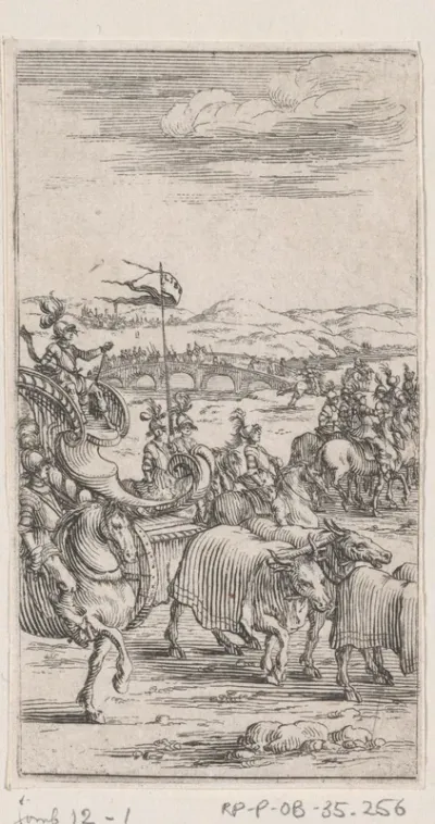 Landschap met soldaten en een kar voortgetrokken door runderen