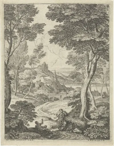 Landschap met spitse toren