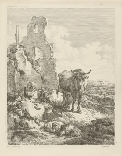 Landschap met staande en liggende koe en herderin voor een ruïne