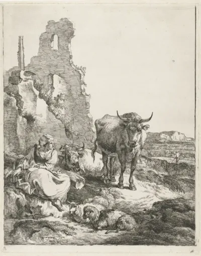 Landschap met staande en liggende koe en herderin voor een ruïne
