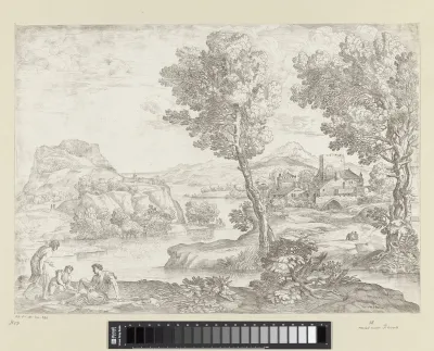 Landschap met staande man bij twee zittende mannen