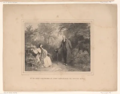 Landschap met staande man en een jonge vrouw op een bank