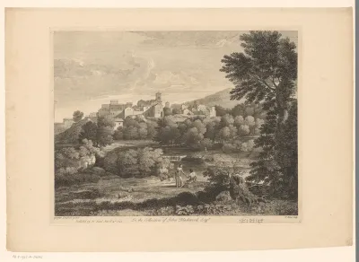 Landschap met stad aan een rivier en vijf figuren aan de oever
