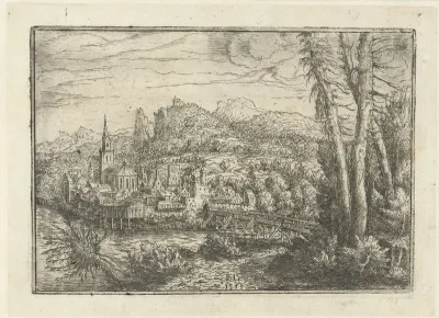 Landschap met stad aan rivier en houten brug