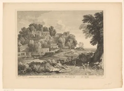 Landschap met stad en drie rustende mannen met twee honden