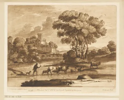 Landschap met stad op een heuvel en veedrijver die rivier oversteekt