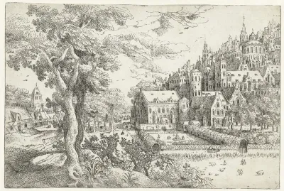 Landschap met stad tegen een heuvel