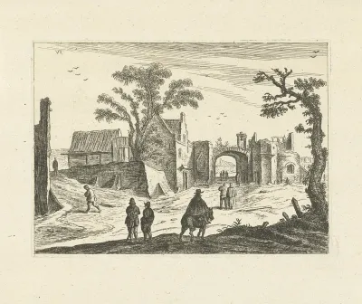 Landschap met stadspoort