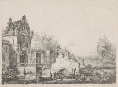Landschap met stadspoort en ruïne