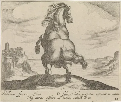 Landschap met steigerende hengst