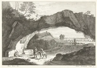 Landschap met stenen brug en enkele figuren
