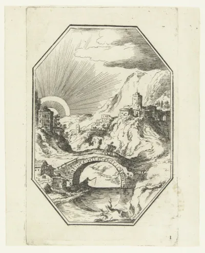 Landschap met stenen brug in octagonaal kader
