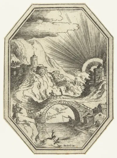 Landschap met stenen brug in octagonaal kader