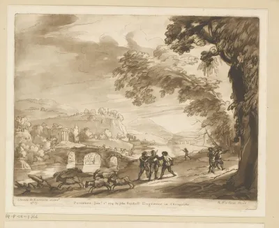 Landschap met stenen brug over rivier, bandieten en vluchtende geiten