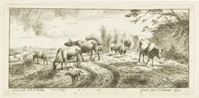 Landschap met stieren, schapen en hond
