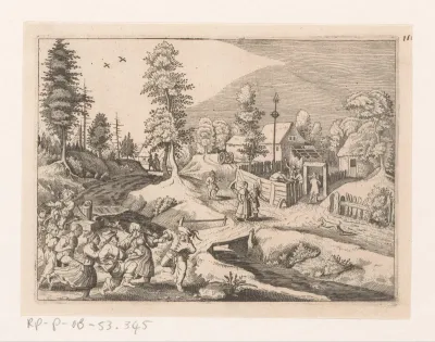 Landschap met stoet dansende boeren