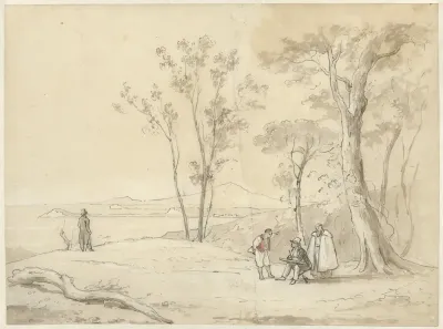 Landschap met tekenaar, geestelijke en andere figuren