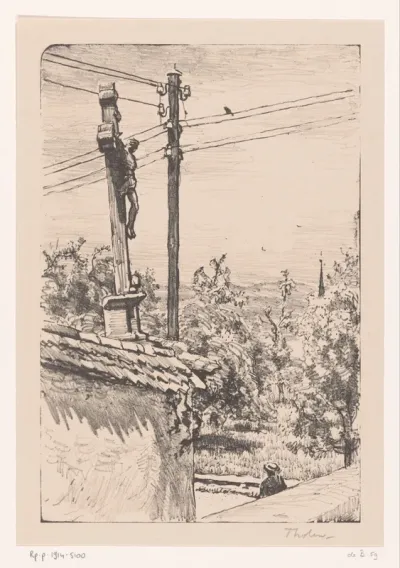 Landschap met telegraafpaal en kruis met Christusbeeld