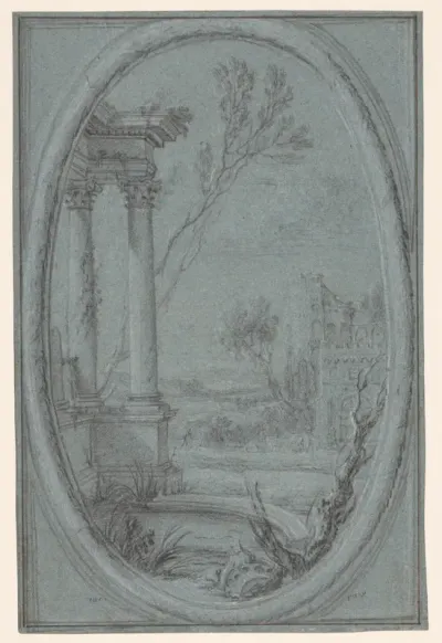 Landschap met tempelruïne in ovale lijst