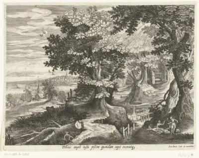 Landschap met Tobias en aartsengel Rafaël die vis schoonmaken