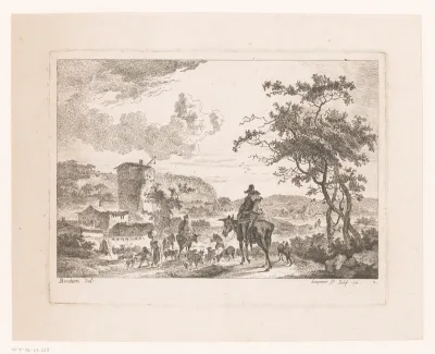 Landschap met toren en herders