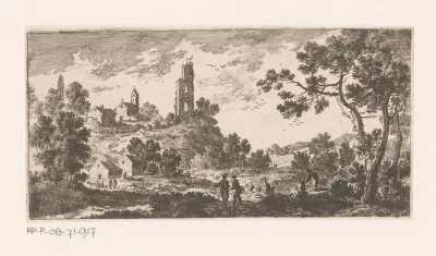 Landschap met toren met ooievaar op nest