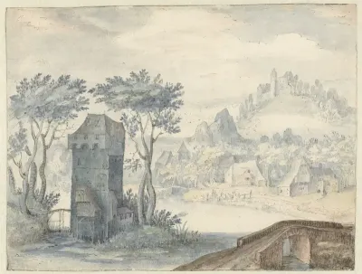 Landschap met toren tussen bomen
