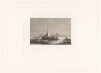 Landschap met trekschuit en molen op de achtergrond