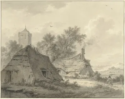 Landschap met twee boerderij en een kerktoren