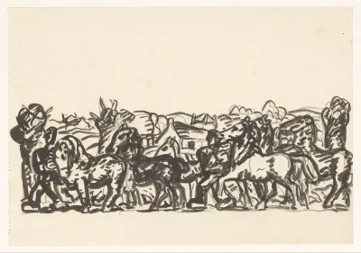 Landschap met twee boeren, die paarden aan de hand leiden