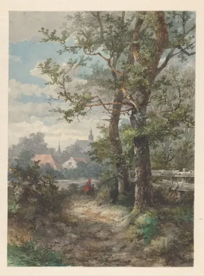 Landschap met twee bomen, in de verte een stad