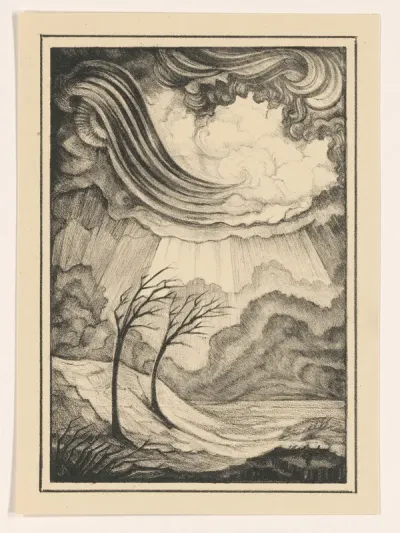 Landschap met twee bomen in de wind