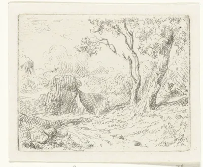 Landschap met twee bomen langs een pad