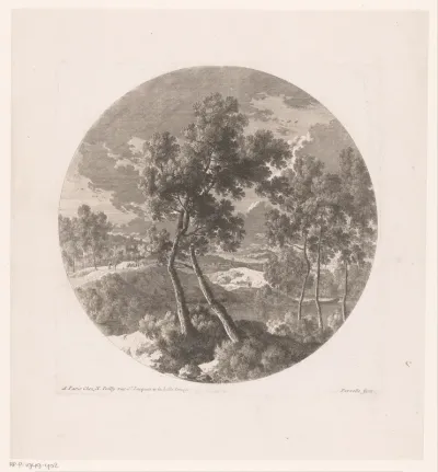 Landschap met twee bomen op de voorgrond
