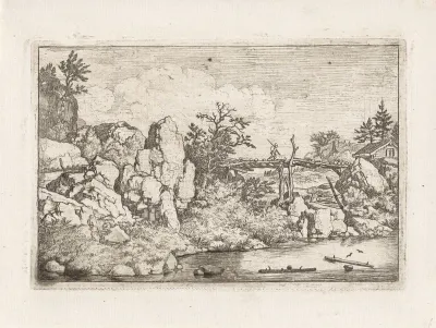 Landschap met twee boomstammen in het water