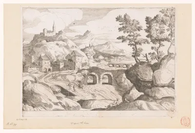 Landschap met twee bruggen over een rivier