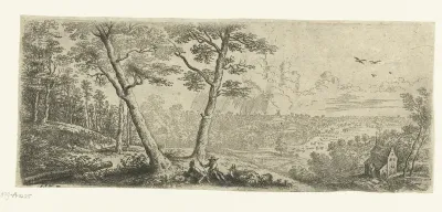 Landschap met twee converserende mannen
