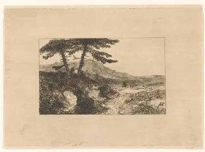 Landschap met twee dennen op een heuvel