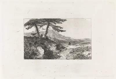 Landschap met twee dennen op een heuvel