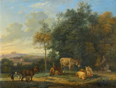 Landschap met twee ezels, geitjes en varkens